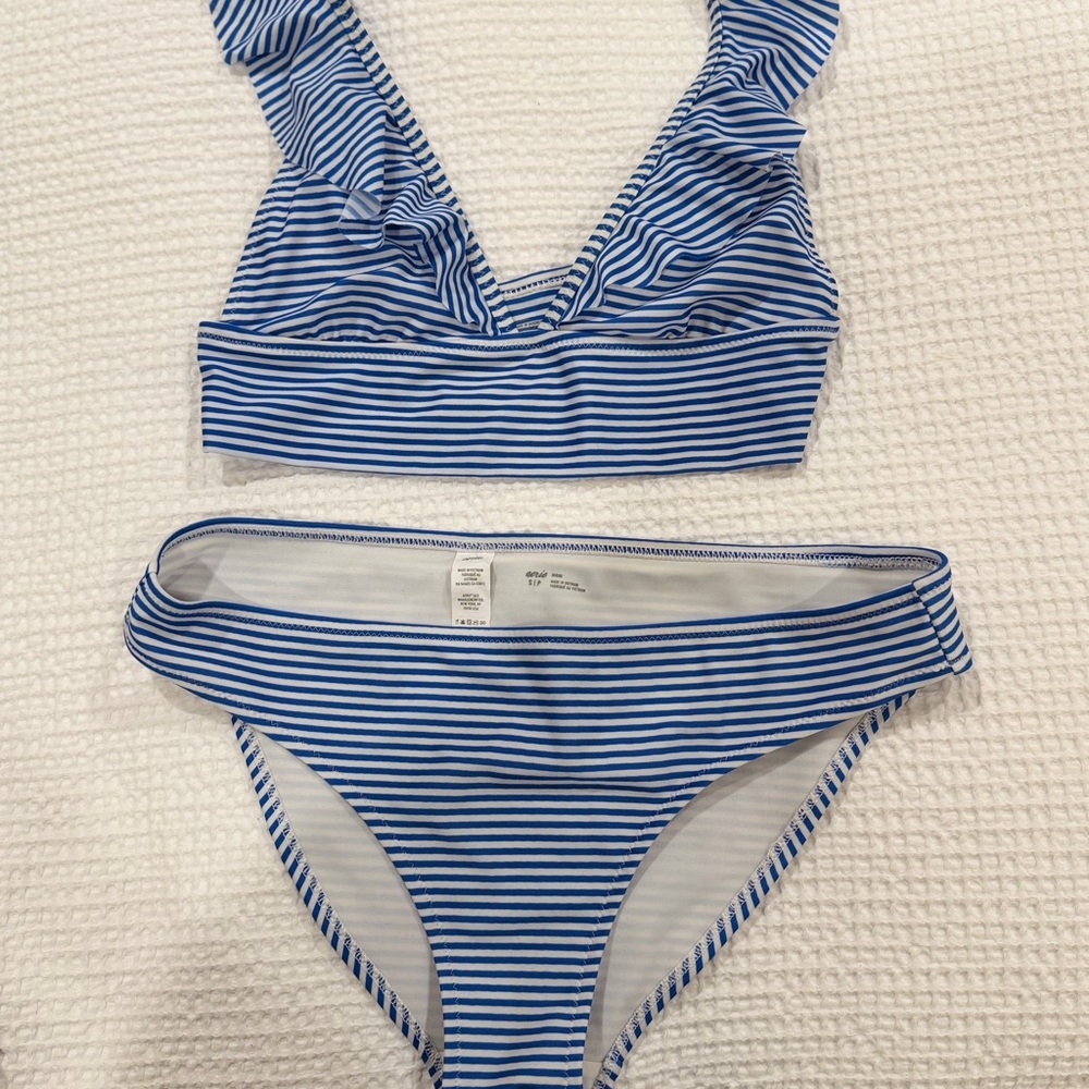 aerie Blue and White Striped Bikini Bottoms